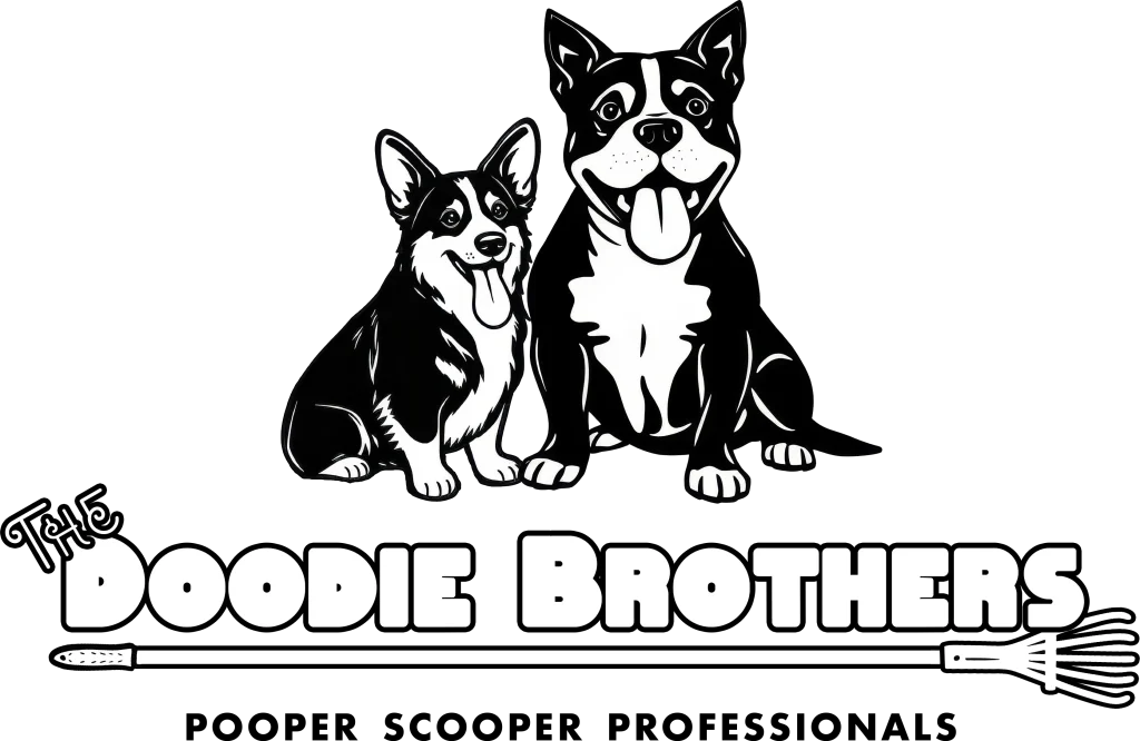 The Doodie Brothers Full Logo with Mascot and Text The Doodie Brothers logo with two cartoon dogs and a scooper graphic