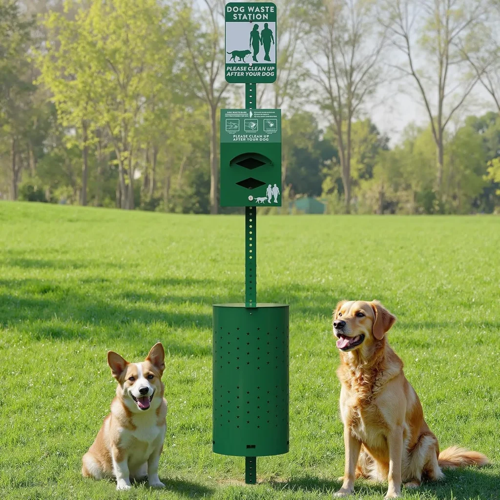 Commercial Dog Waste Station Service Dog waste station in a grassy park with two dogs nearby