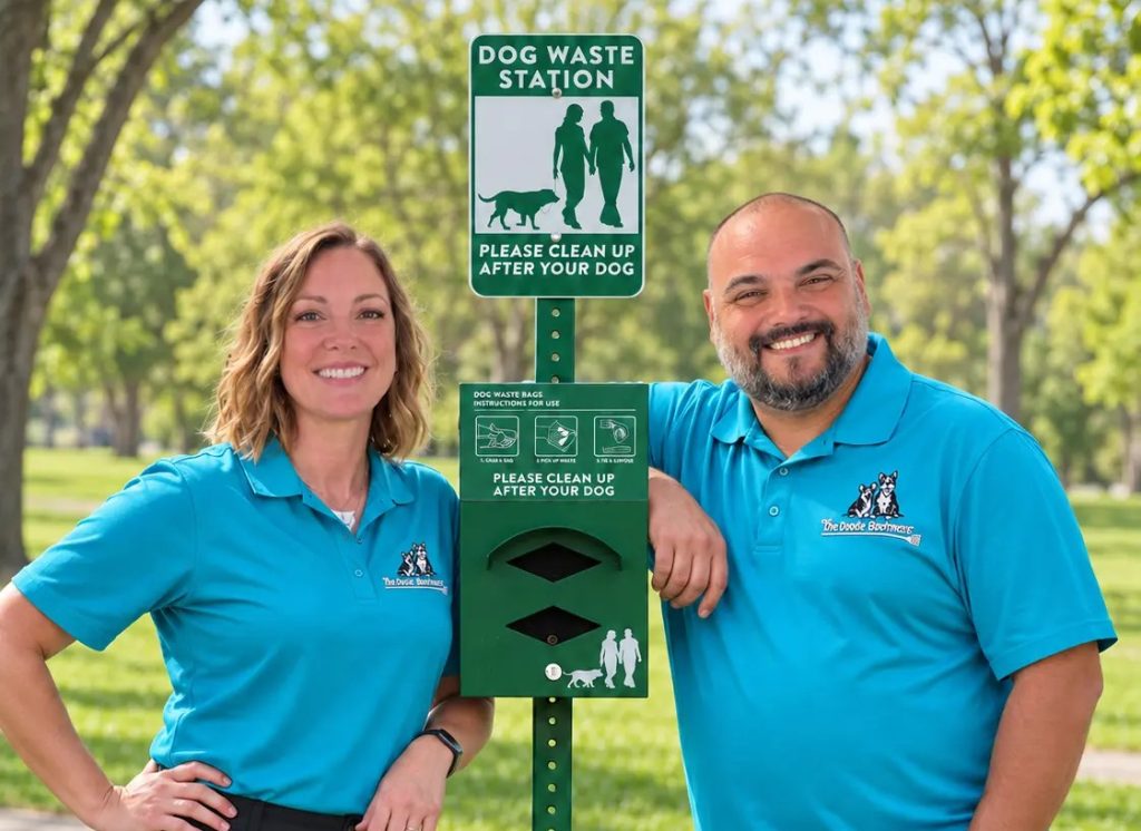 Reliable Commercial Pet Waste Service Team The Doodie Brothers team standing beside a dog waste station in a park